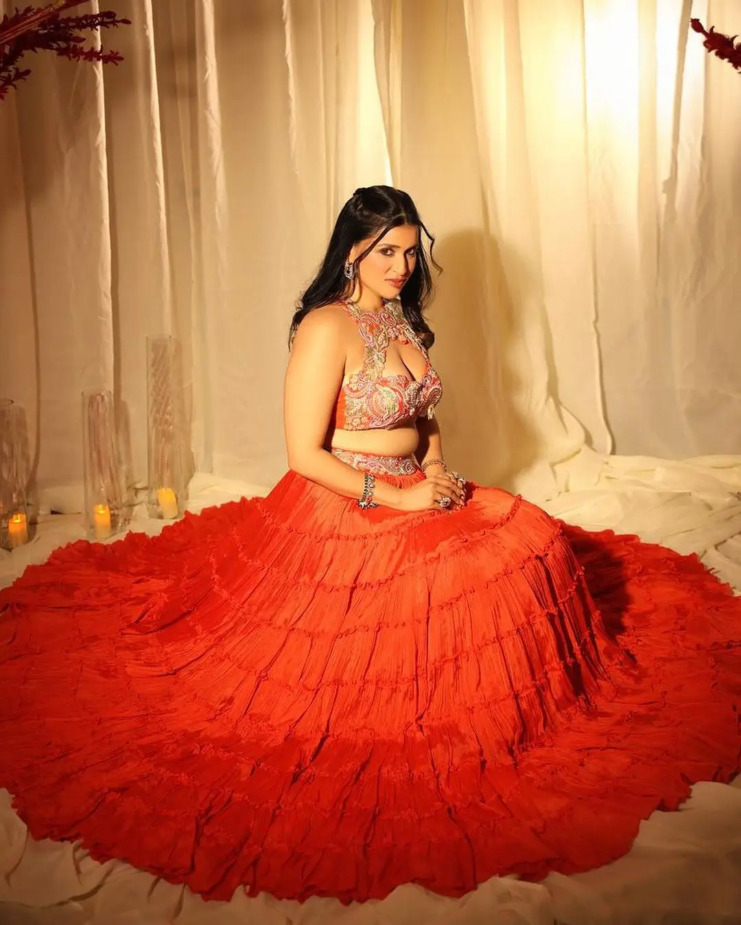 Indian Actress Mannara Chopra in Orange lehenga Choli